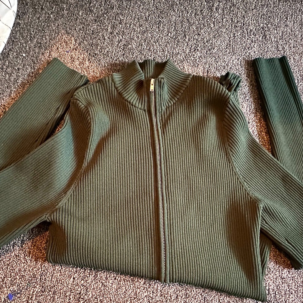 Good American Green Ribbed zip up bodysuit